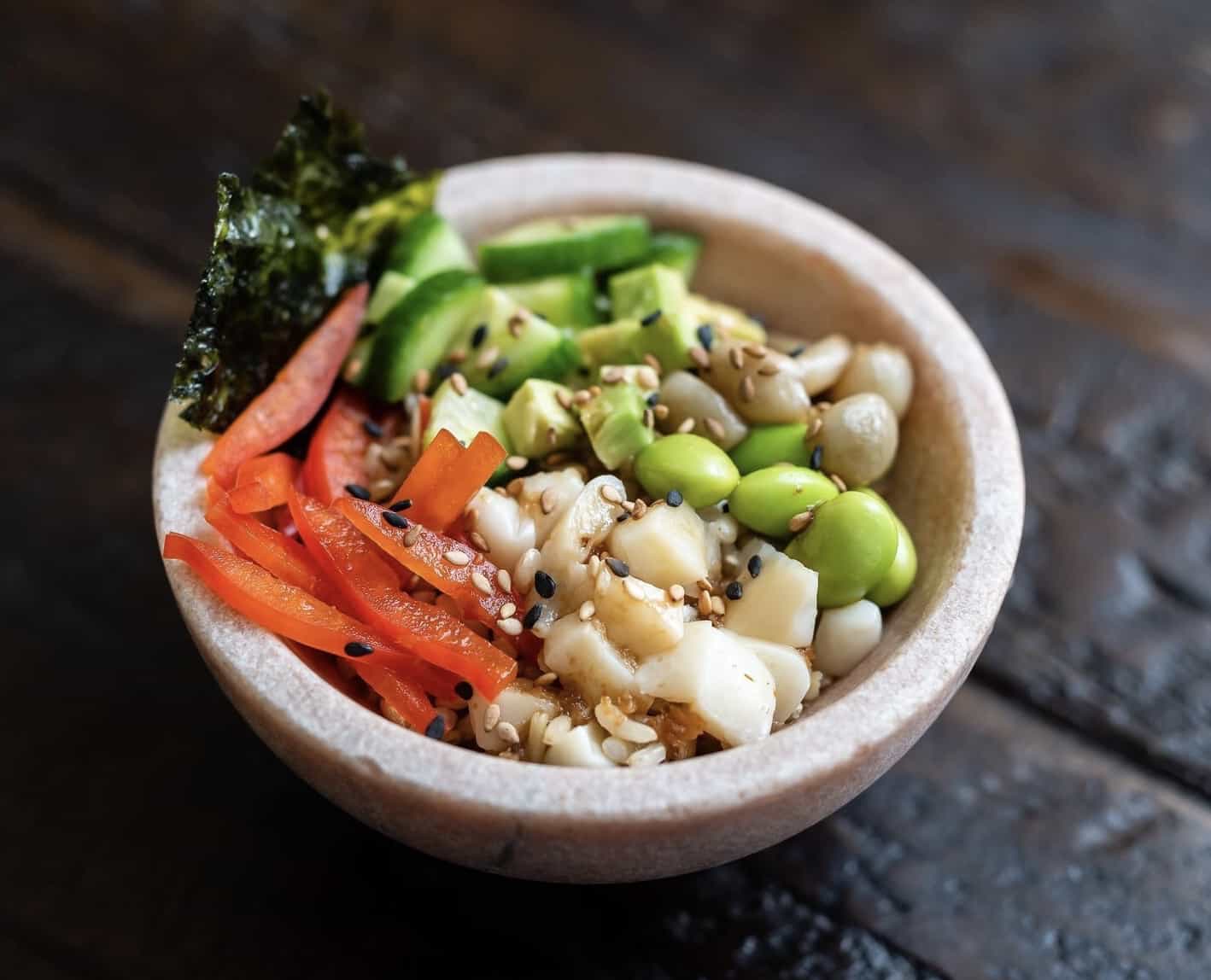 BlueNalu's whole-muscle, cell-cultured yellowtail prepared in a poke bowl