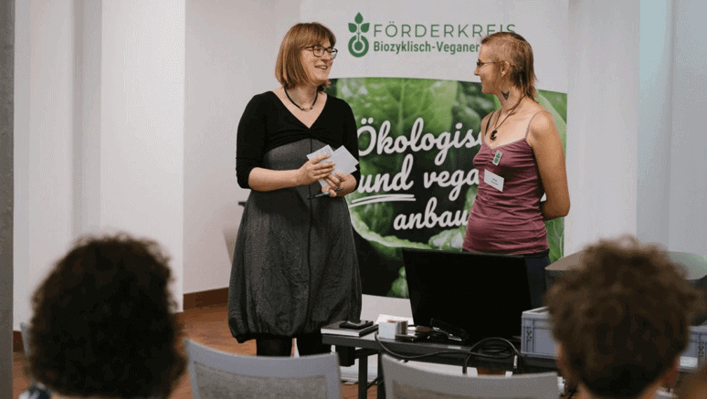 Diana von Webel (Albert Schweitzer Foundation) and Anja Bonzheim (Association for the Promotion of Biocyclic Vegan Agriculture)