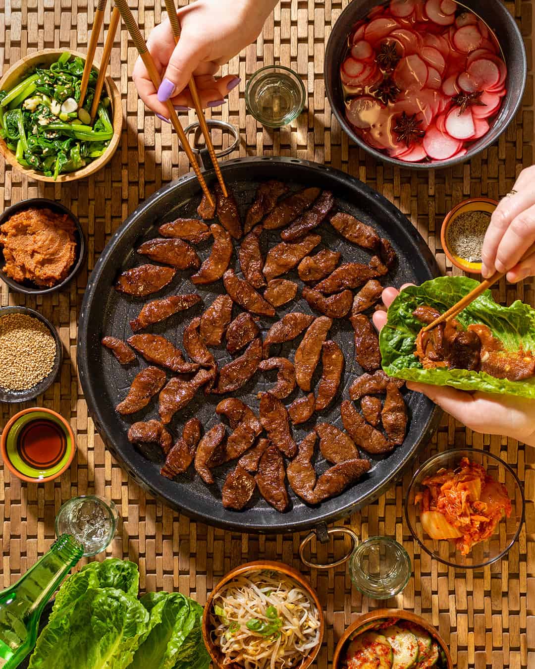 Nasoya vegan steak spread with side dishes