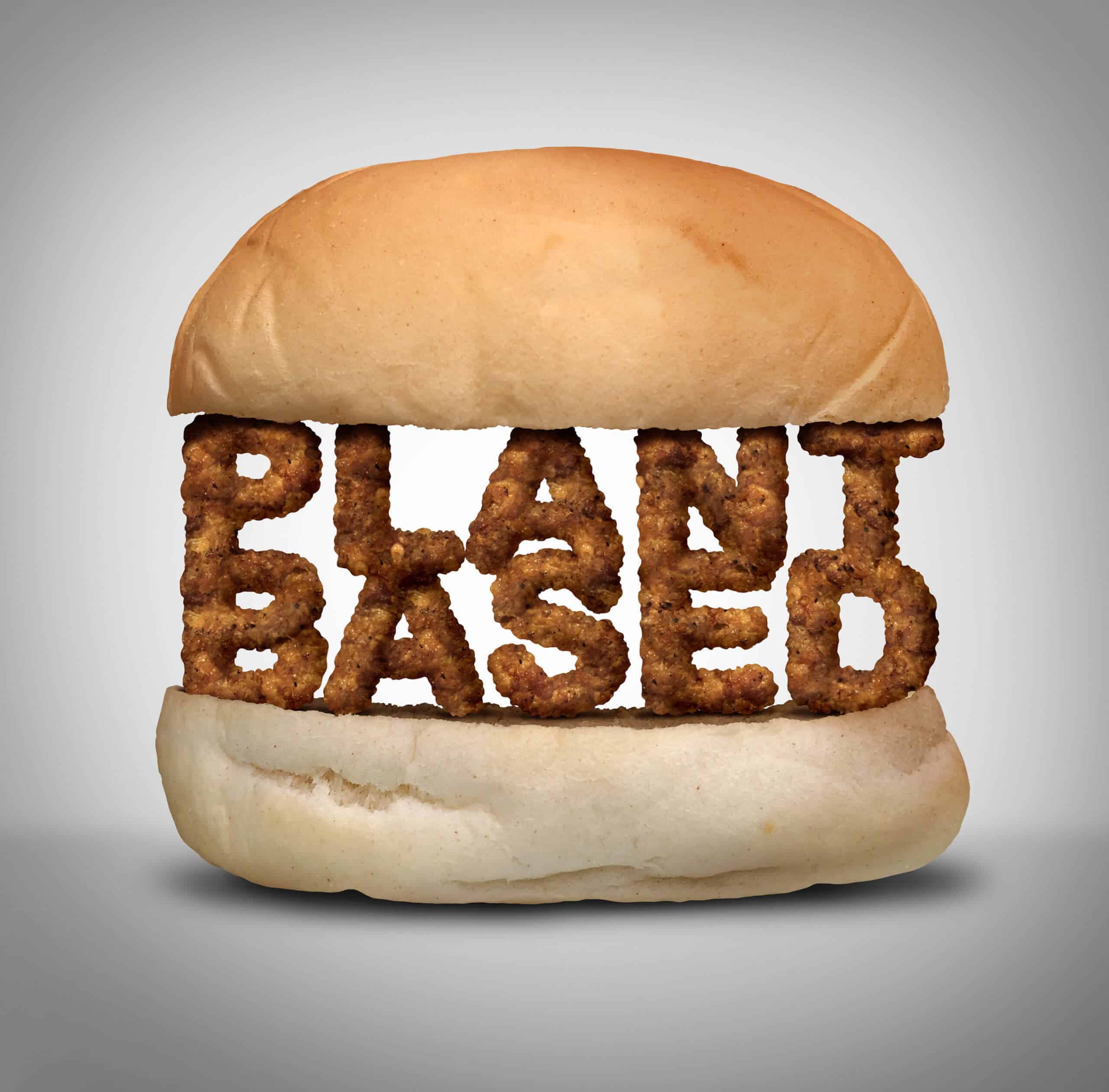 a graphic of a burger with the word plant based between the bread buns