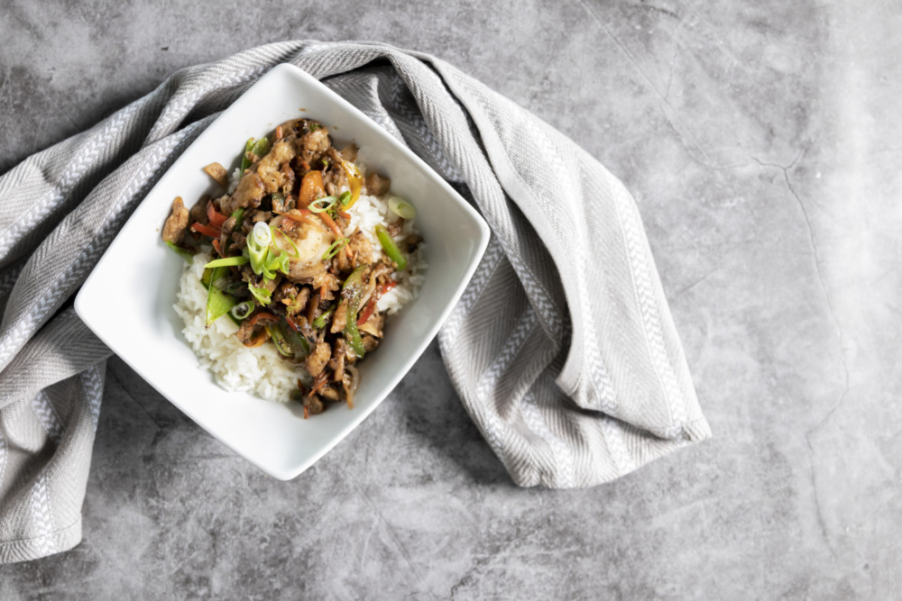 a stir fry with plant-based meat