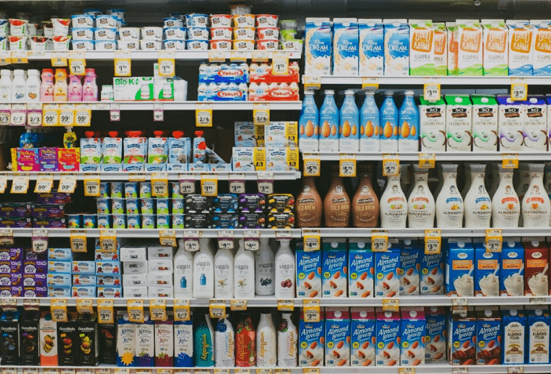 Supermarket shelves with alt milk courtesy ProVeg