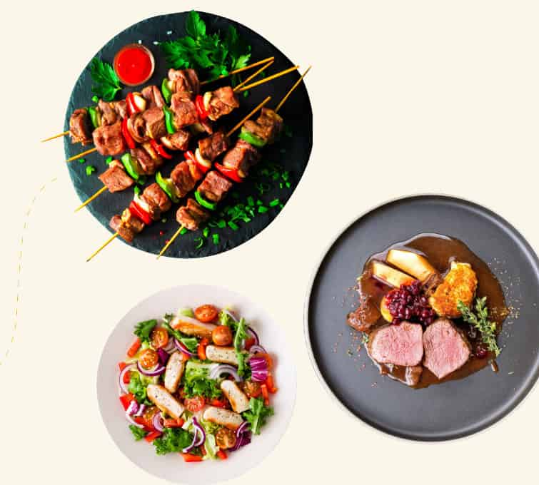 Three different dishes of cultivated meat: beef skewers, roast beef, and chicken breast