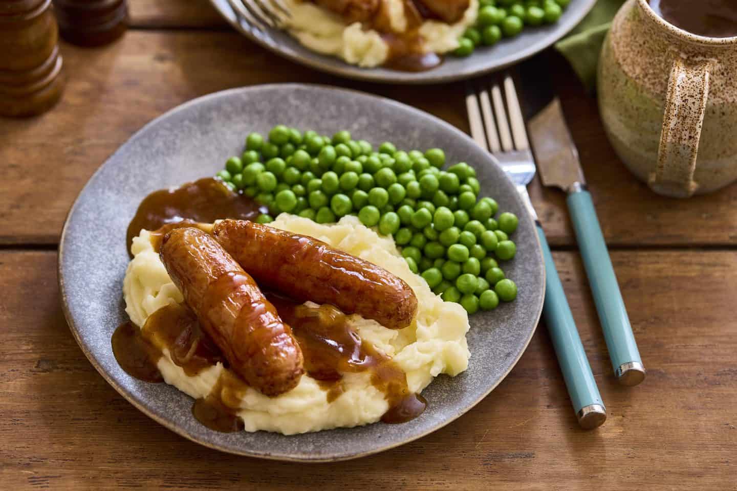 Richmond sausages with mash and peas